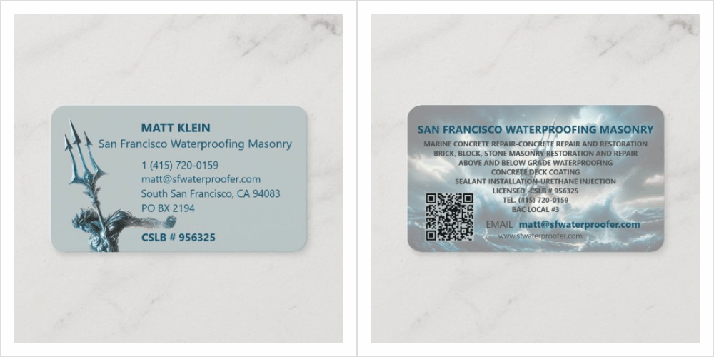 Cool Personalized Professional Promotional Waterproofing Masonry Company Business Card with Logo, QR Code and URL
