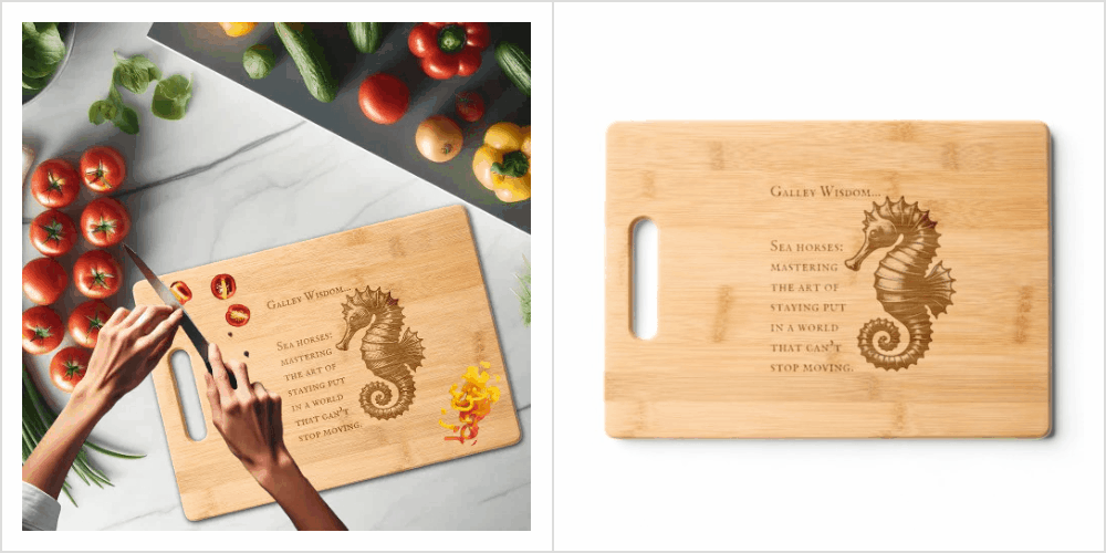 One-of-a-kind Seahorse Galley Wisdom Etched Wooden Cutting Board