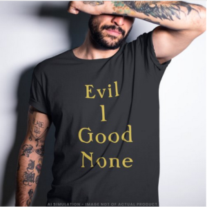 Evil 1 Good None Gold Serif Statement Black Tee