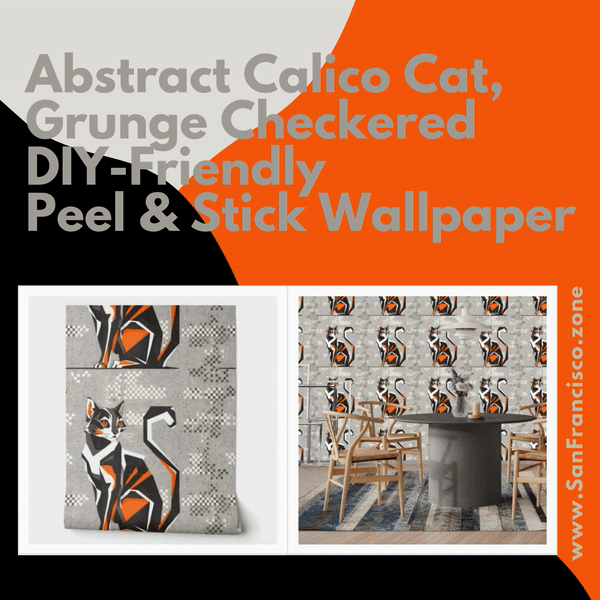 Abstract Calico Cat, Grunge Checkered Peel & Stick Wallpaper