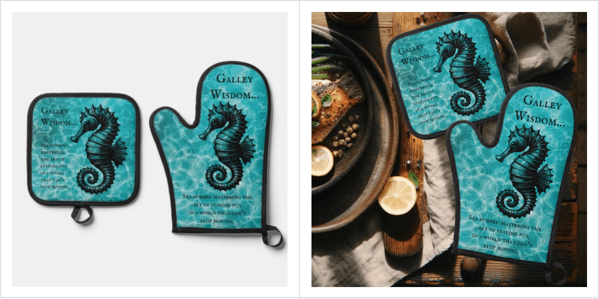 Aqua Blue One-of-a-kind Seahorse Galley Wisdom Oven Mitt & Pot Holder Set