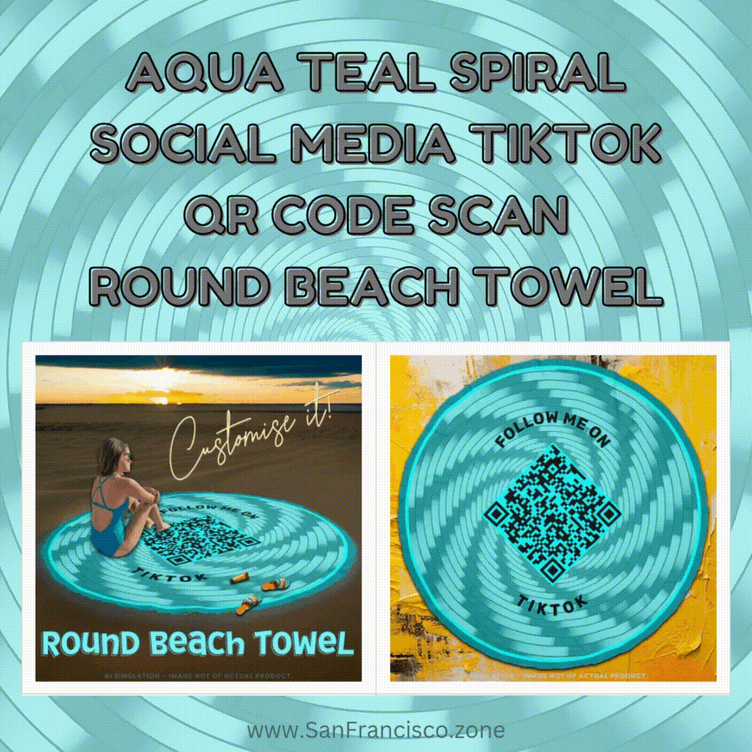 Aqua Teal Spiral Social Media TikTok Qr Code Scan Beach Towel