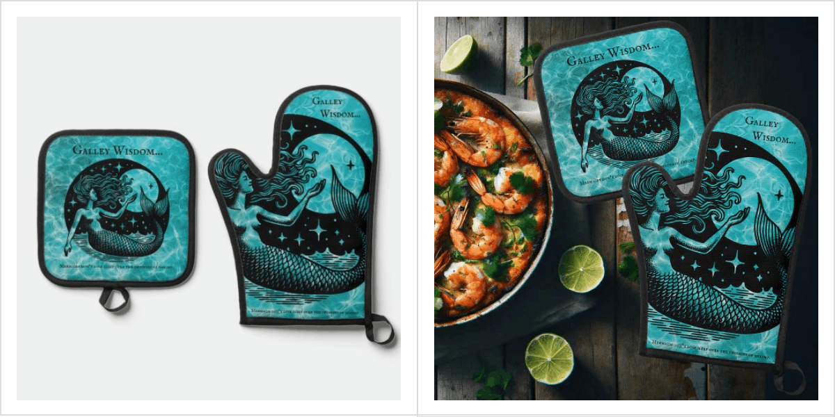 Bespoke Aqua Blue Mystical Mermaid Galley Wisdom Oven Mitt & Pot Holder Set