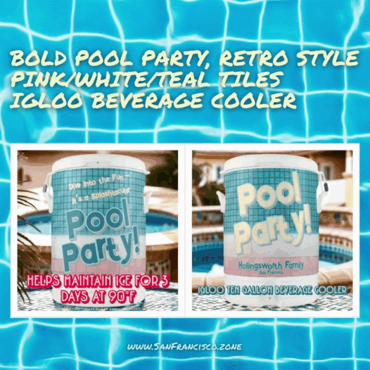 Bold Pool Party, Retro Style Pink/White/Teal Tiles Beverage Cooler
