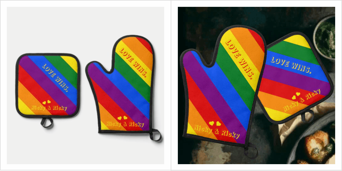 Custom ‘Love Wins.’ LGBT Rainbow Flag Pride Month Oven Mitt & Pot Holder Set