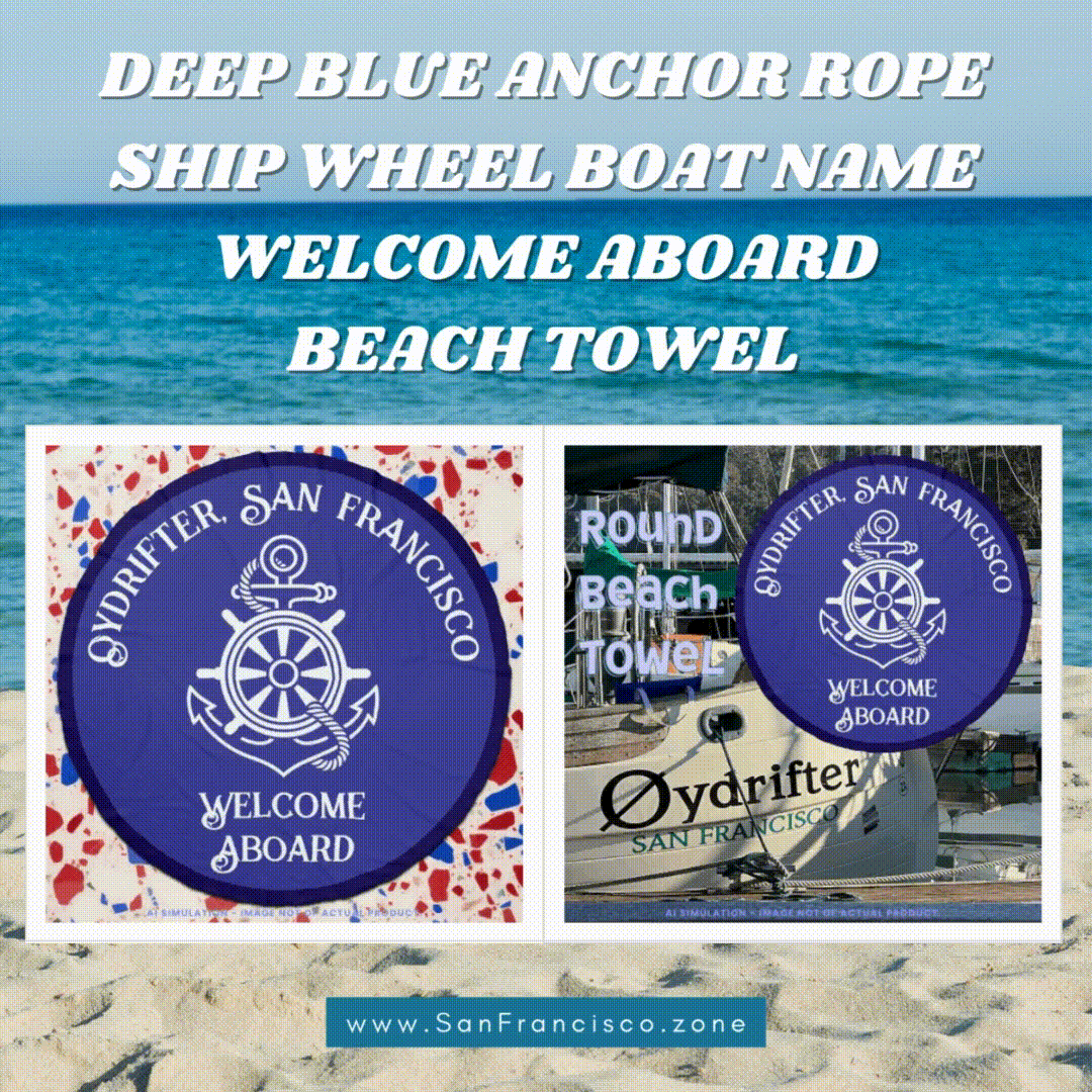 Deep Blue Anchor Rope Ship Wheel Boat Name Welcome Beach Towel