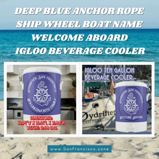 Deep Blue Anchor Rope Ship Wheel Boat Name Welcome Beverage Cooler