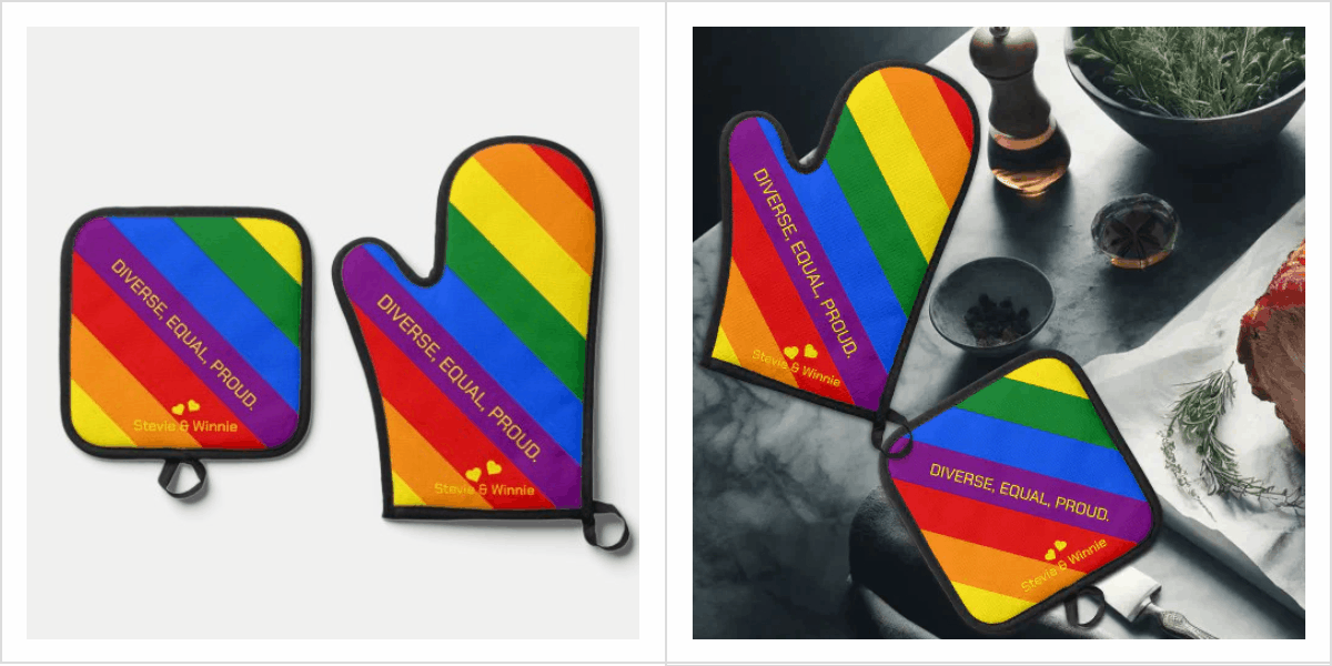 ‘Diverse, Equal, Proud.’ LGBT Rainbow Flag Pride Month Oven Mitt & Pot Holder Set