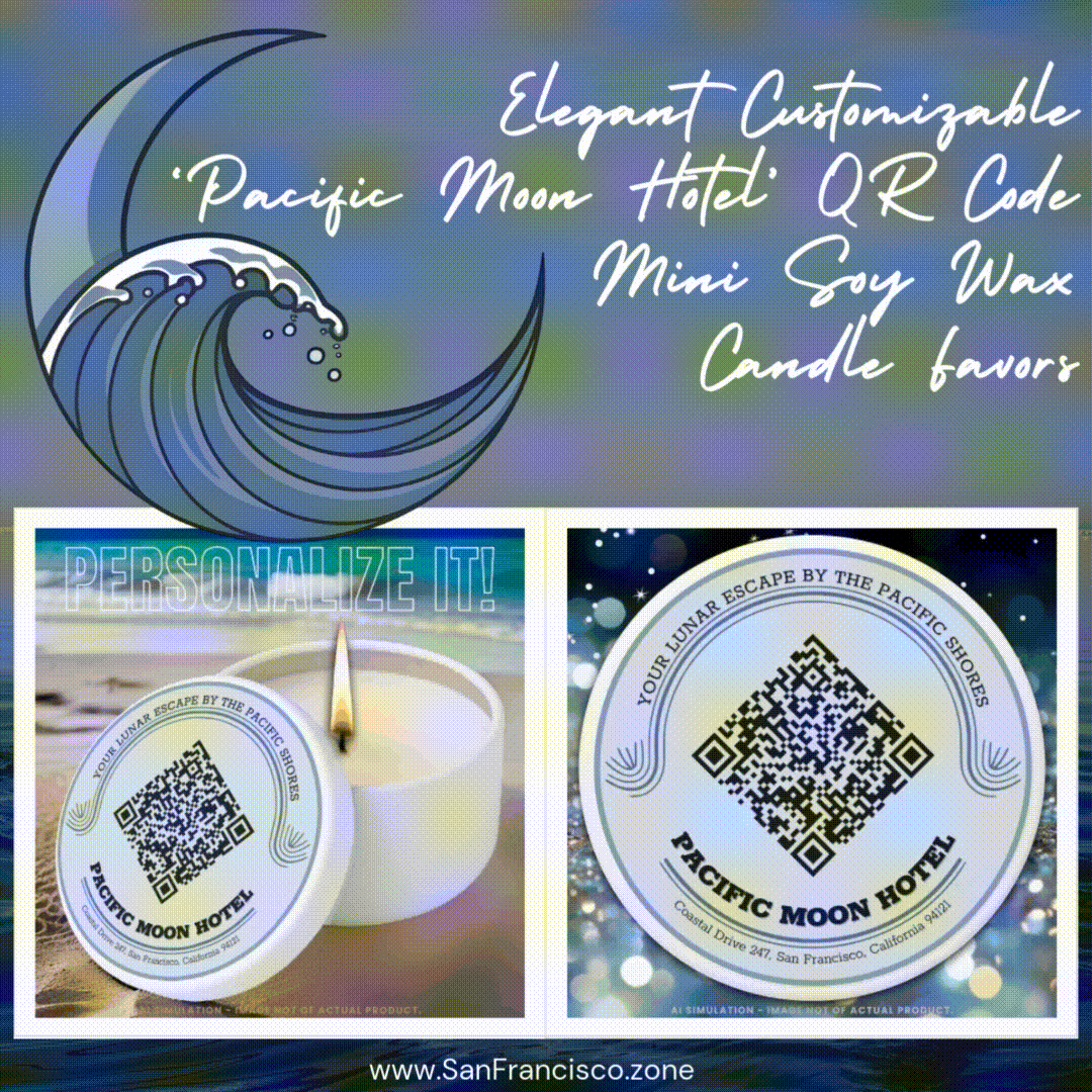 Elegant Customizable ‘Pacific Moon Hotel’ QR Code Mini Candle Favors