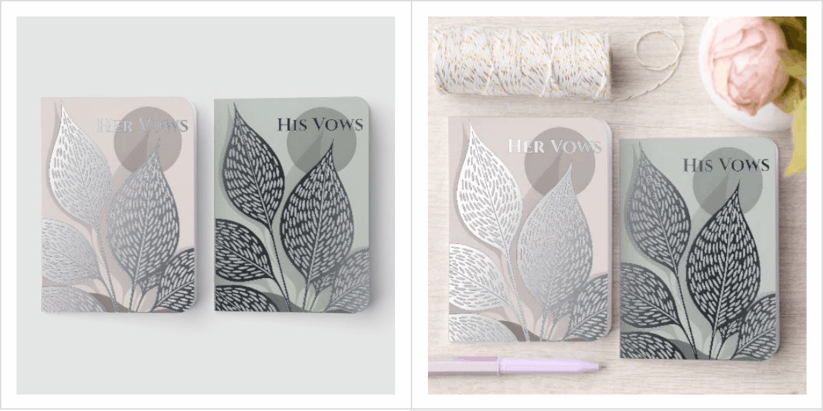 Elegant Silver Botanical Wedding Blush & Sage Pair Foil Vow Books