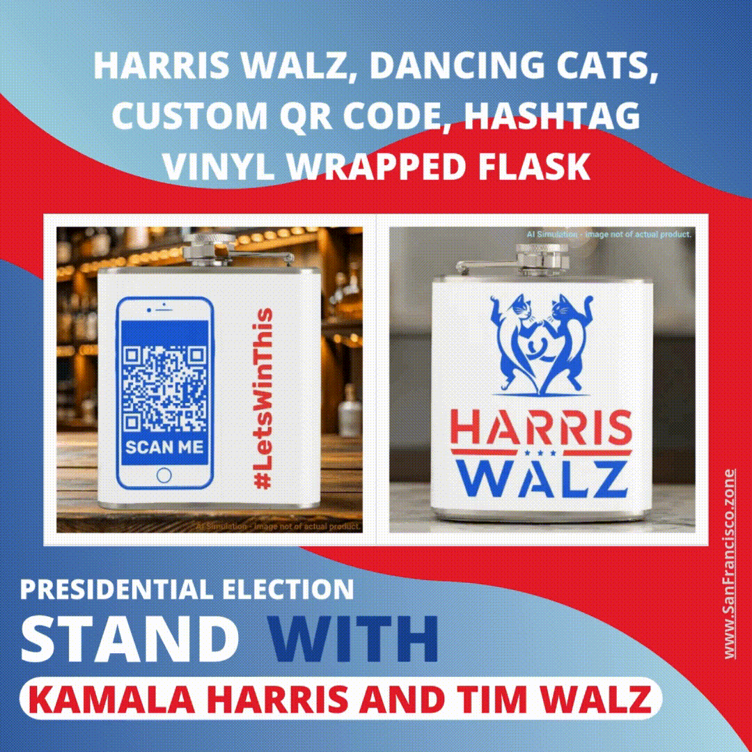 Harris Walz, Dancing Cats, Custom QR Code, Hashtag Vinyl Wrapped Flask