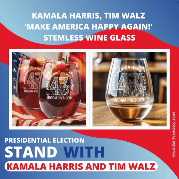Kamala Harris, Tim Walz ‘Make America Happy Again!’ Stemless Wine Glass