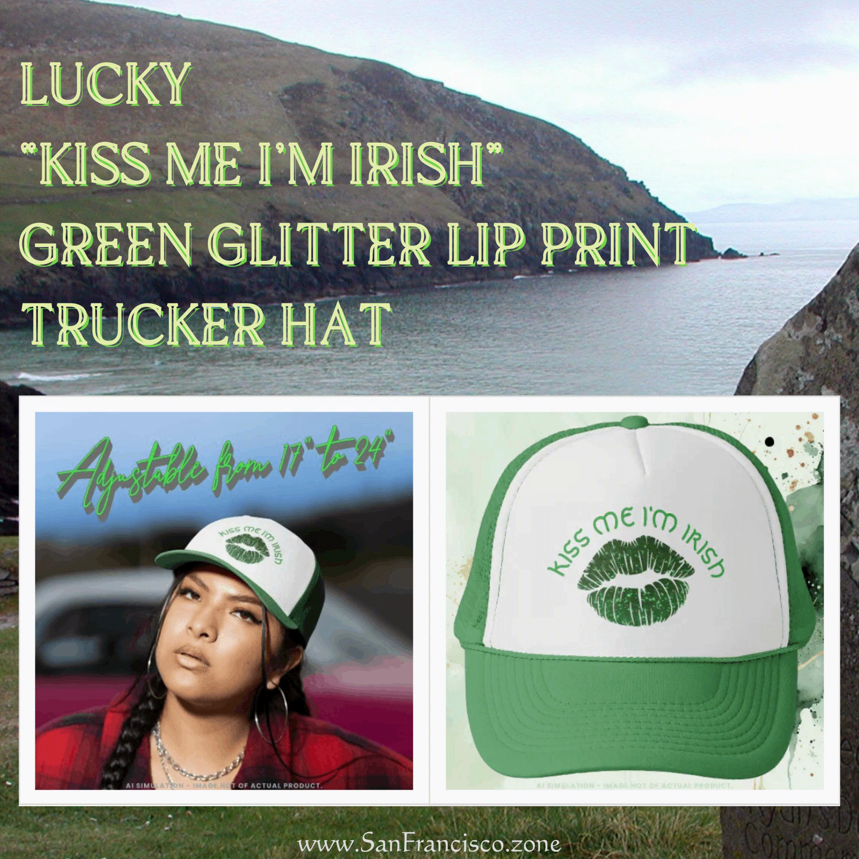Lucky “Kiss Me I’m Irish” Green Glitter Lip Print Trucker Hat