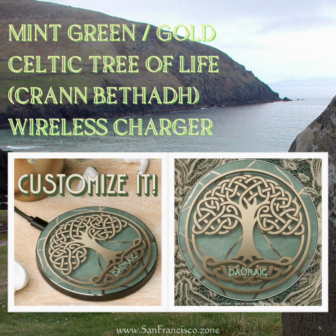 Mint Green Gold Celtic Tree of Life Crann Bethadh Wireless Charger