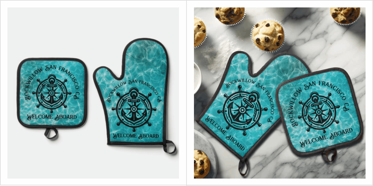 Nautical Anchor Rope Ship Wheel Boat Name Welcome Aboard Oven Mitt & Pot Holder Set