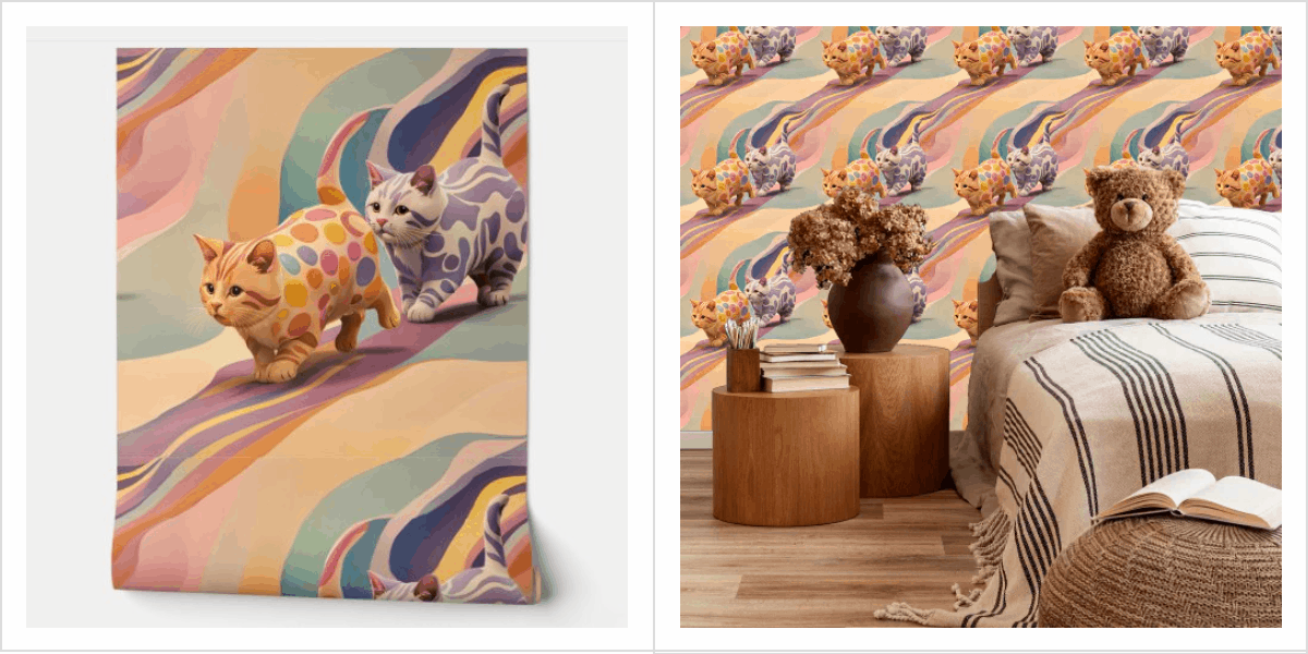 Peach Lavender Cats Fun Playful DIY Peel and Stick Wallpaper