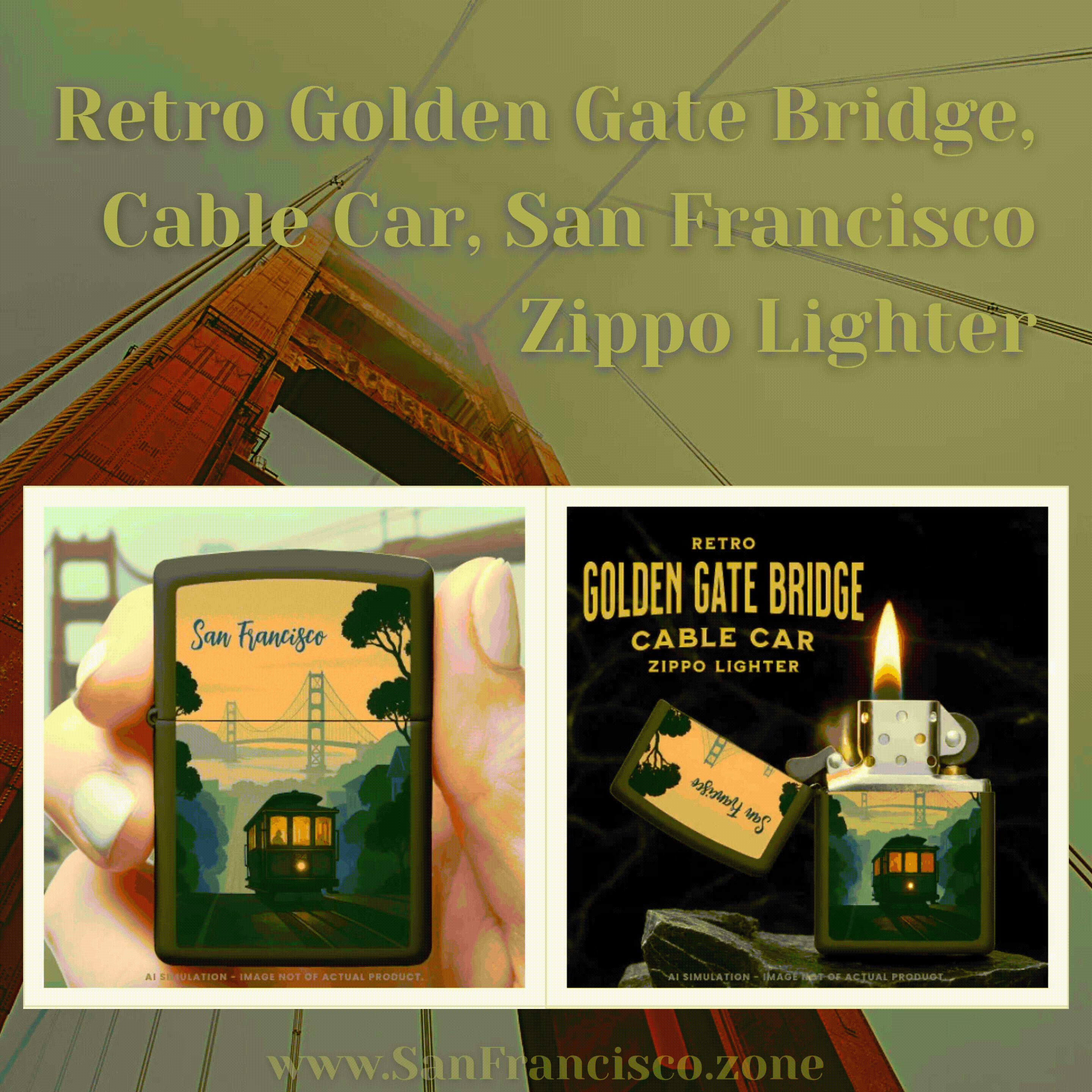 Retro Golden Gate Bridge, Cable Car, San Francisco Zippo Lighter