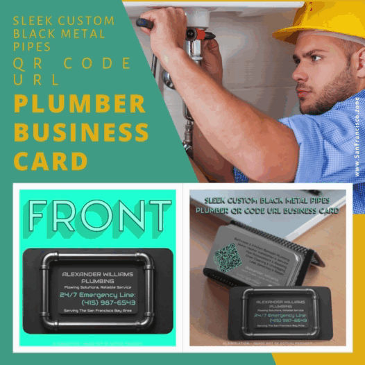 Sleek Custom Black Metal Pipes Plumber QR Code URL Business Card
