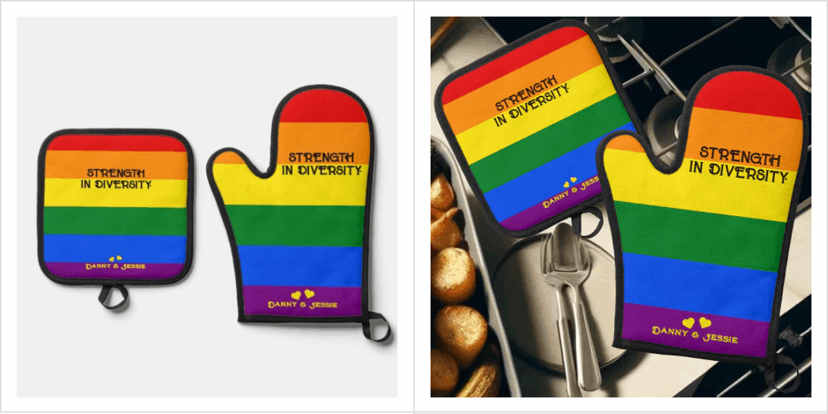 ‘Strength in Diversity.’ LGBT Rainbow Flag Pride Month Oven Mitt & Pot Holder Set